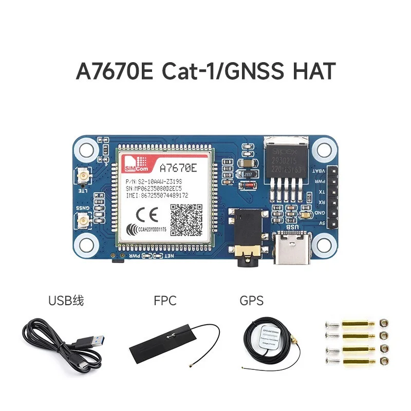 A7670E LTE Cat-1 HAT for Raspberry Pi,Multi Band,2G GSM / GPRS,LBS,for Europe,Southeast Asia,West Asia,Africa,China,South Korea