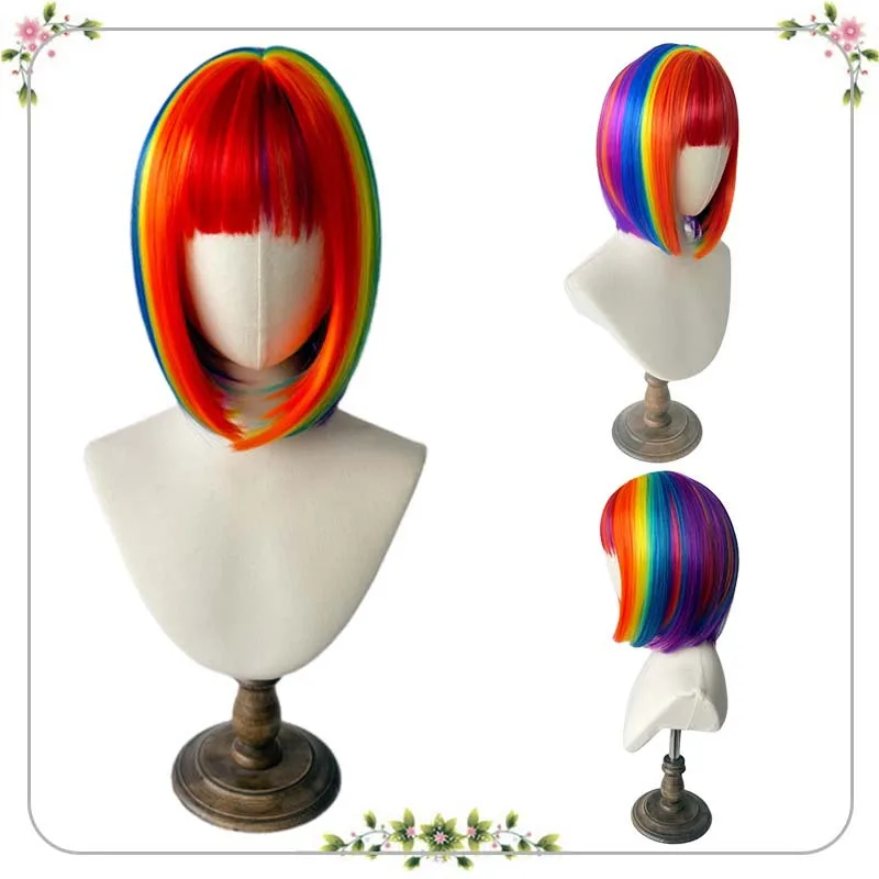 Party dance party synthetic wigs colorful bob hairstyle party Halloween cosplay wigs Coszy bangs rainbow wigs image 2