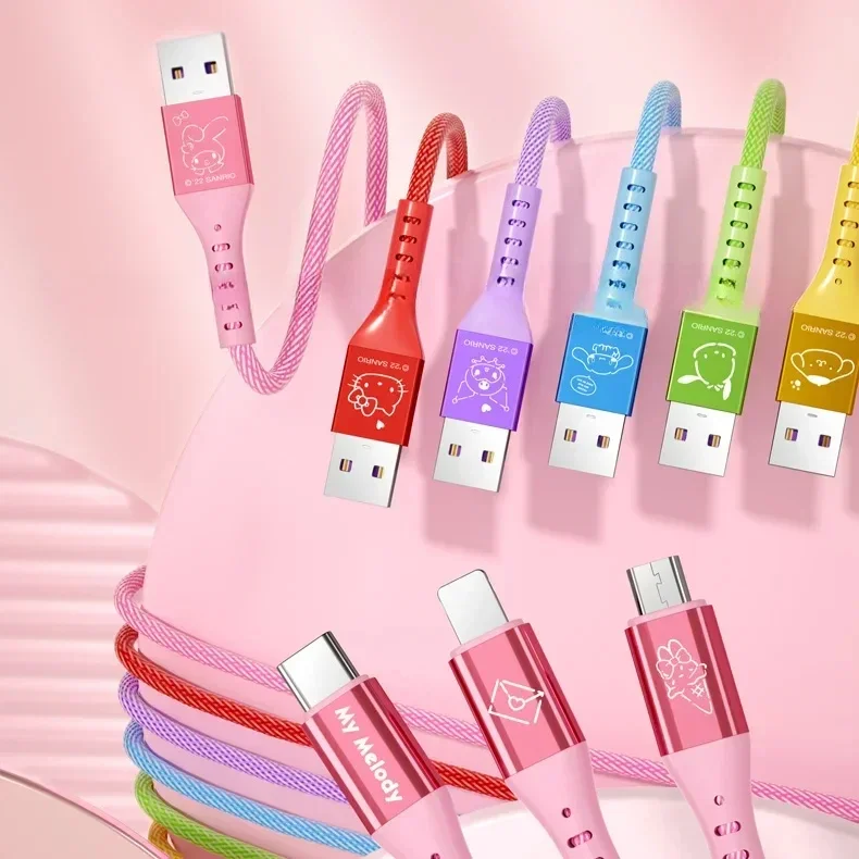 Kawaii Hello Kitty 3 in 1 Fast Charging Cable Data Line MINISO Kuromi for Micro Type-C USB Lightning Portable Car Charger New