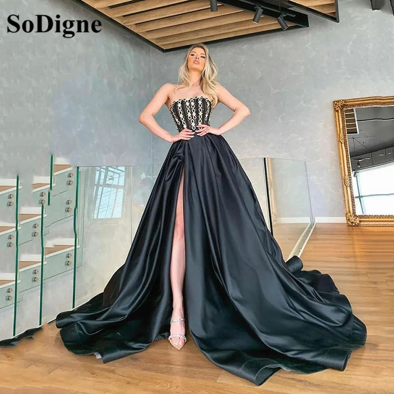 

SoDigne A Line Black Satin Evening Dress Long Crystals Beads Prom Party Gowns Split Pleated Formal Dress Dubai Robe De soirée