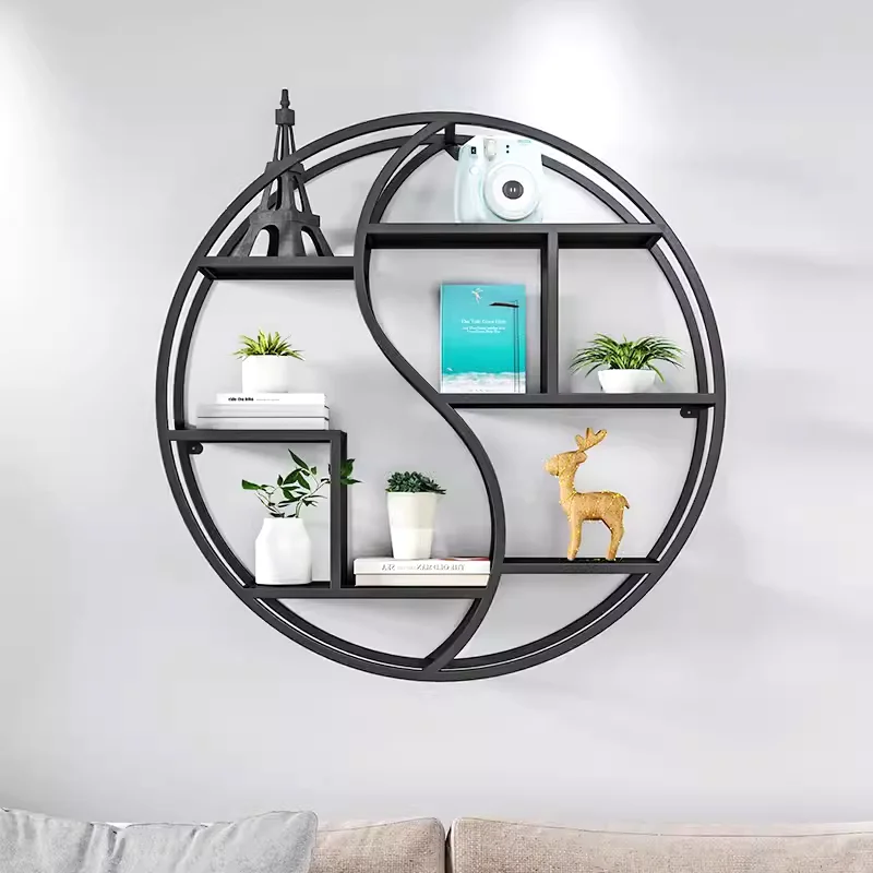 

European living room wall hanging wrought iron shelf retro creative solid wood bookshelf baffle wall decorative round display sh