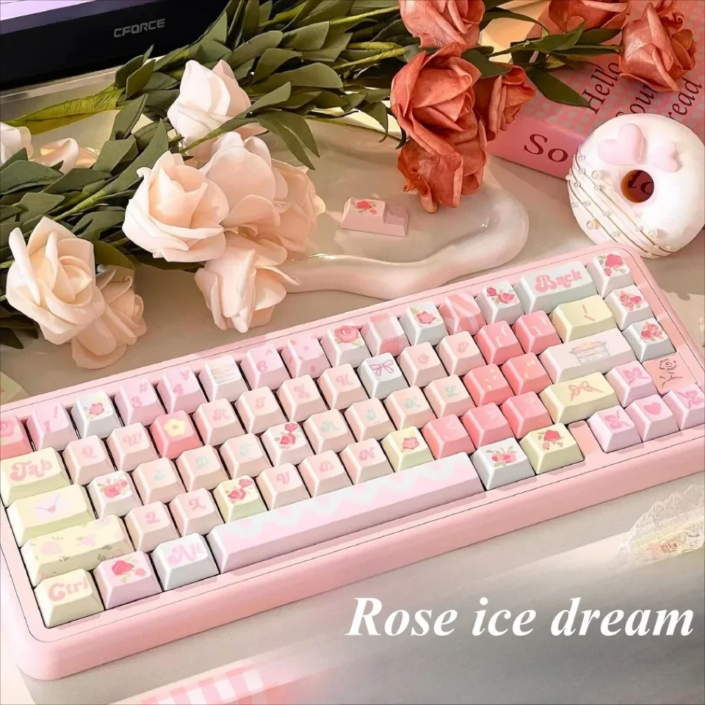 Keyboard Keycaps, Rose Ice Dream, Cherry, Small Full PBT for Cherry MX 104/87/61 Mechanical Keyboard Accessories