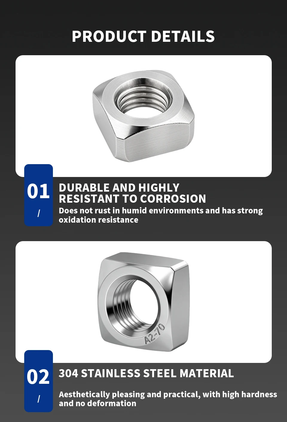DIN557 Vierkantmuttern 304 Edelstahl M3 M4 M5 M6 M8 M10 M12 Vierseitige Muttern für industrielle Befestigungen – Detail 4