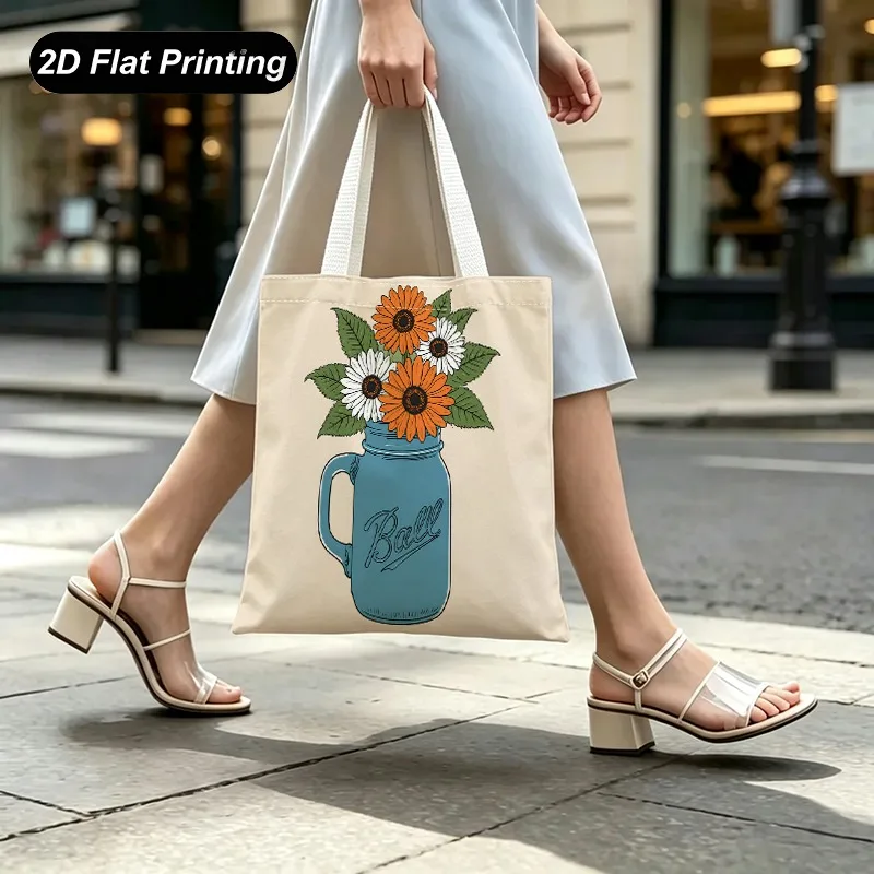1PC【Tote Bag】2DFlat effect，bag features a vintage-style blue jar floral pattern，Lightweight and large capacity，Adapted