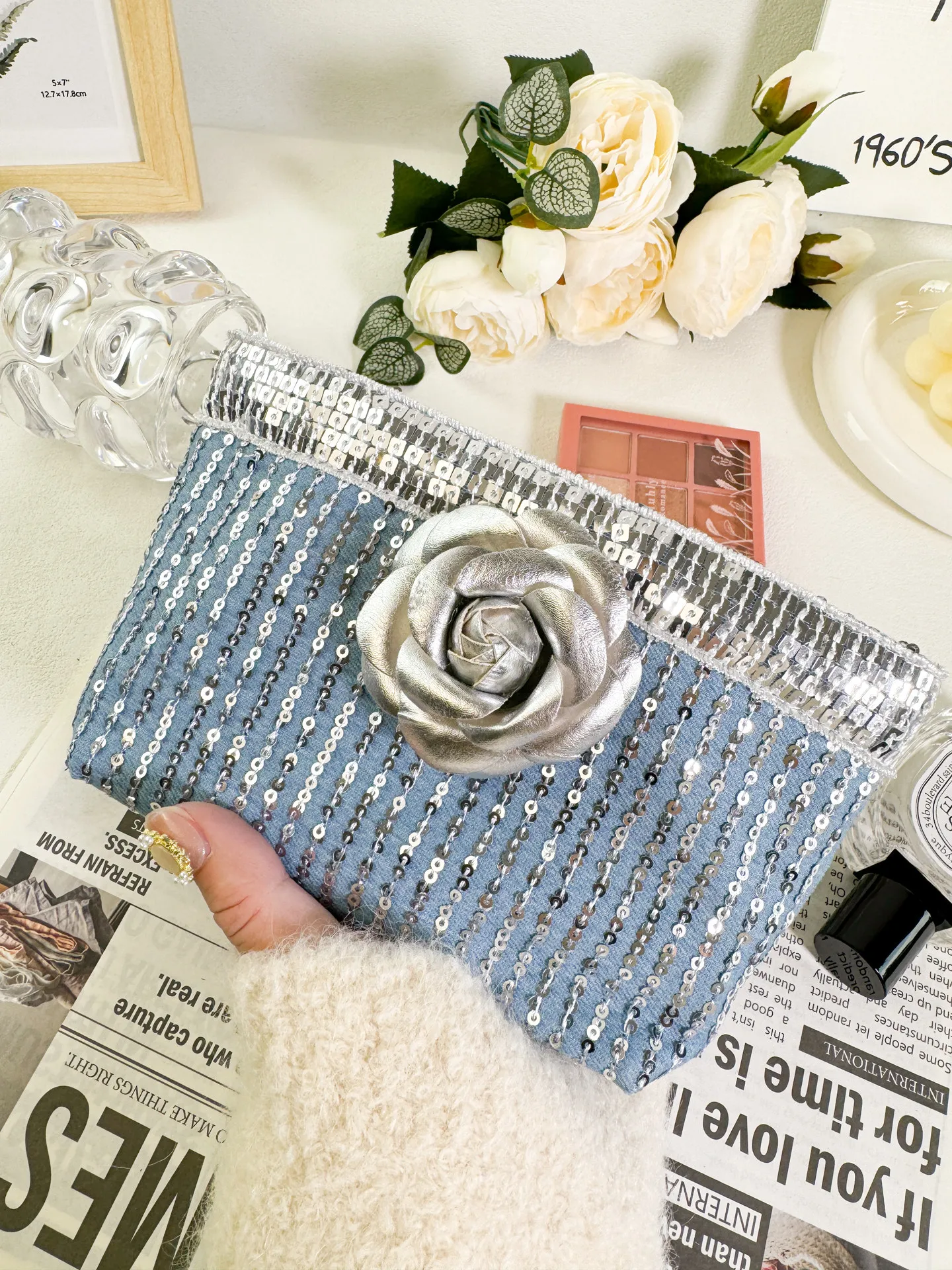 3D Floral Glitter Sequin Makeup Bag for Women Elegant Luxury Party Clutch Fashion Large Capacity Travel Cosmetic Pouch