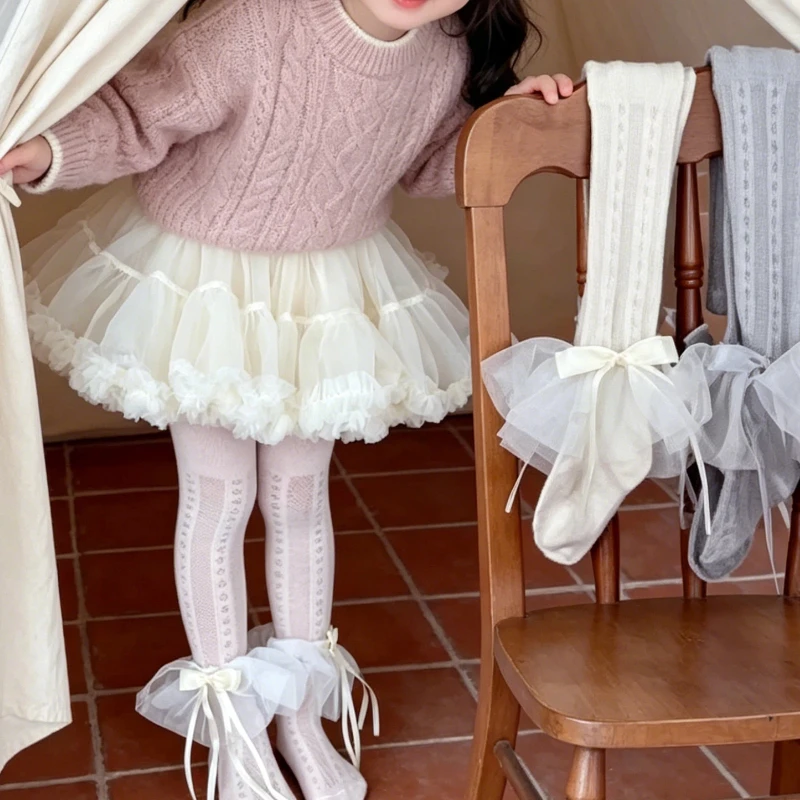 Fashion Kids Princess Footed Mesh Tights Lovely Double Bow Lace Border Design Flexible Waistband Light Ventilated Soft For Girls