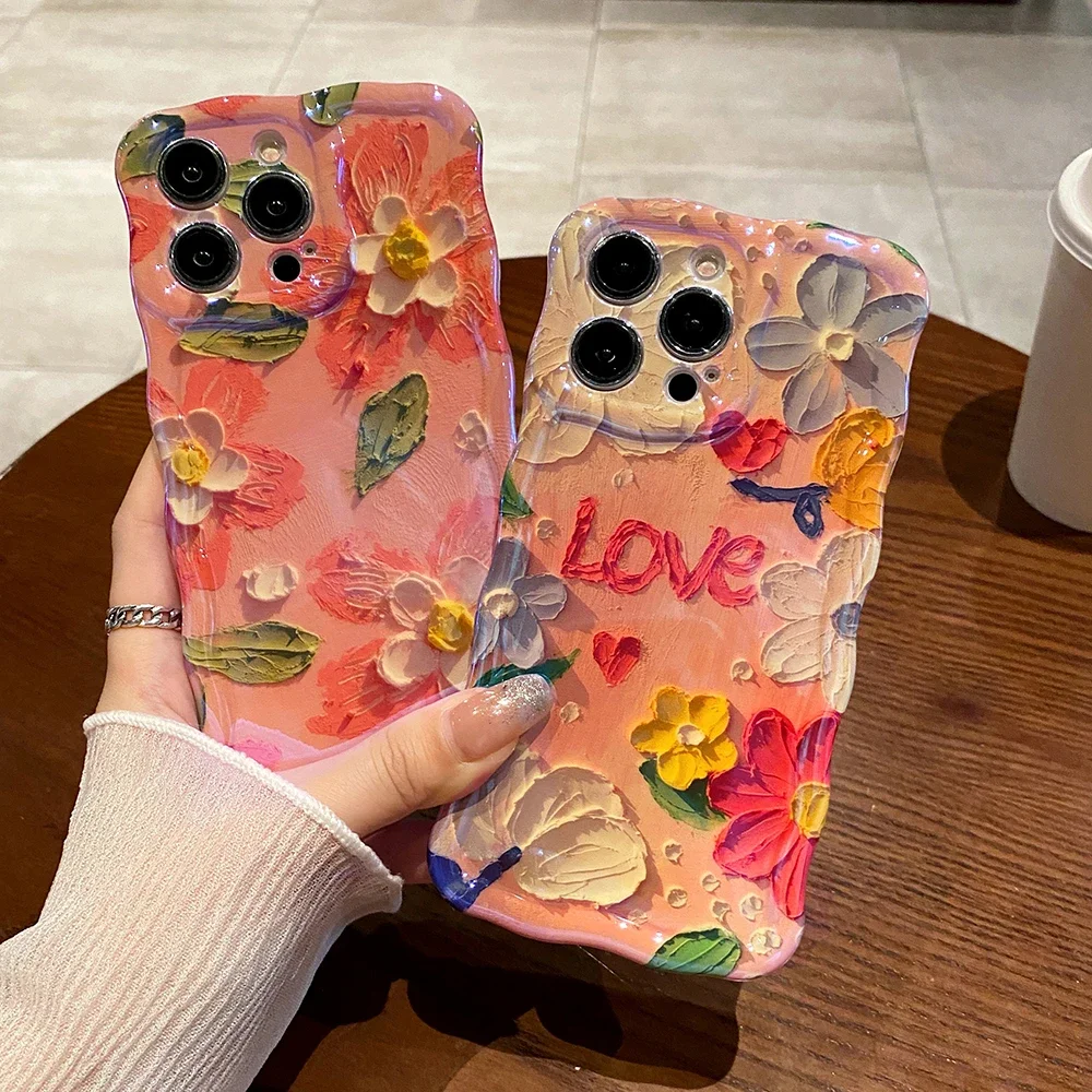 Oil Painting Flowers Phone Case For iPhone 15 Pro Max 12 13 14 Pro Max 11 Soft IMD Shockproof Bumper Wavy Frame Cover