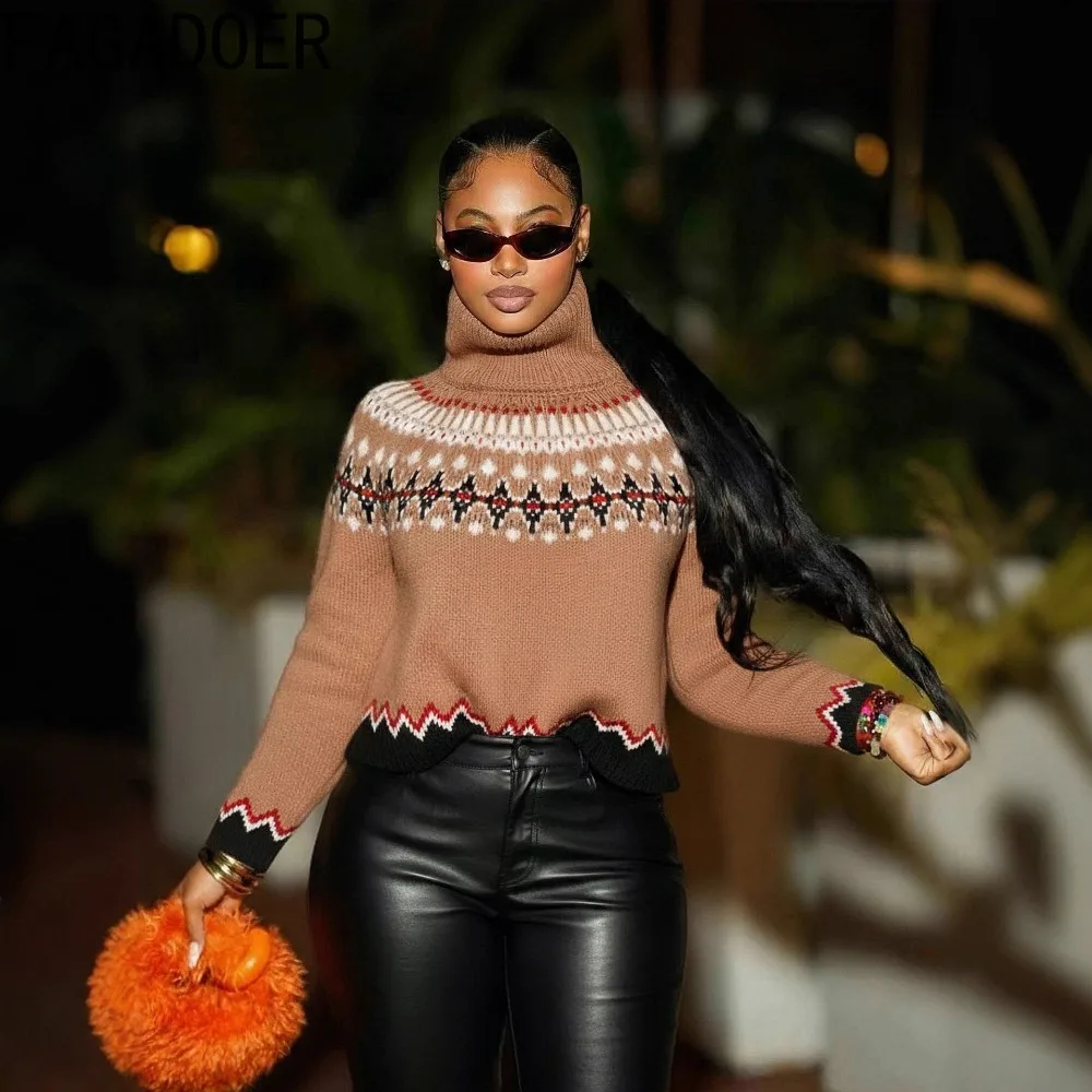 เสื้อไหมพรมแฟชั่นฤดูหนาวลายพิมพ์ใหม่สำหรับผู้หญิง คอสูง แขนยาว สีสันตัดกัน สไตล์สตรีทแวร์