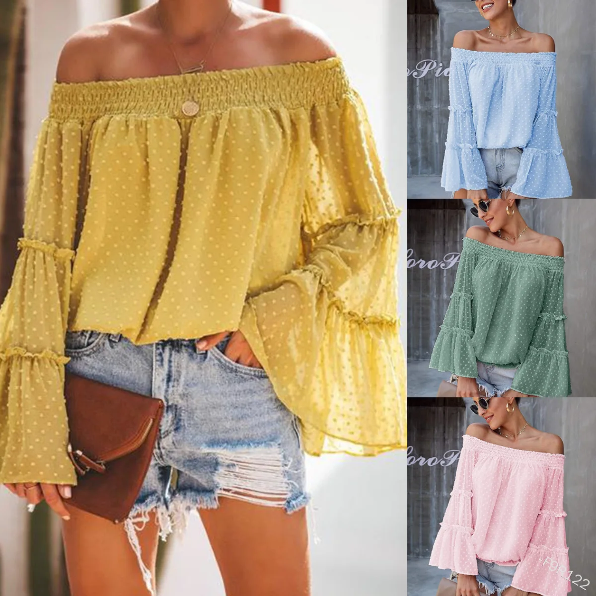 

2026 Spring/Summer New Arrival Women's Fashionable Off-Shoulder Chiffon Blouse with Float Sleeves and Polka Dot Top