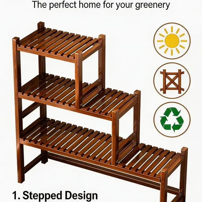 Multi-layer Stepped Natural Bamboo Plant Stand Easy Assembly Indoor Outdoor Windowsill Balcony Living Room Garden Shelf
