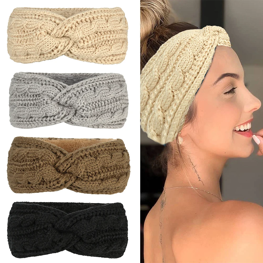 Winter Thicken Knitting Headbands Plush Warm Wide Hairbands Elastic Sports Yoga Headwrap Turban Cross Knot Ear Warmers Headband