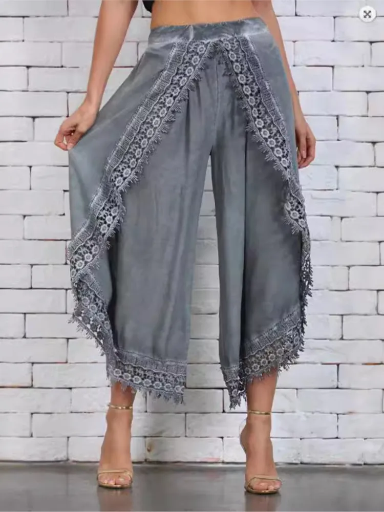 Damskie spodnie z koronką, luźne, w jednolitym kolorze, typu haremki, na plażę, lekkie, odzież damska, wiosenne, letnie, vintage.