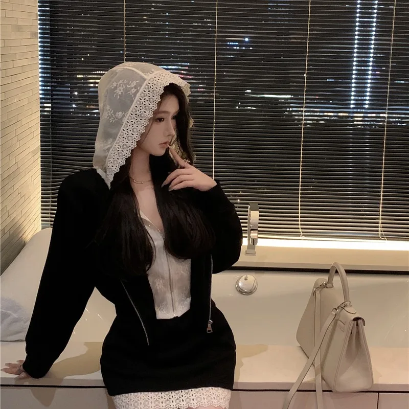 

Fall Winter 2025 Slimming Lace Splice Hooded Knitted Jaet f Skirt Set Ele Faionable Commute Sle Women's Ensemble