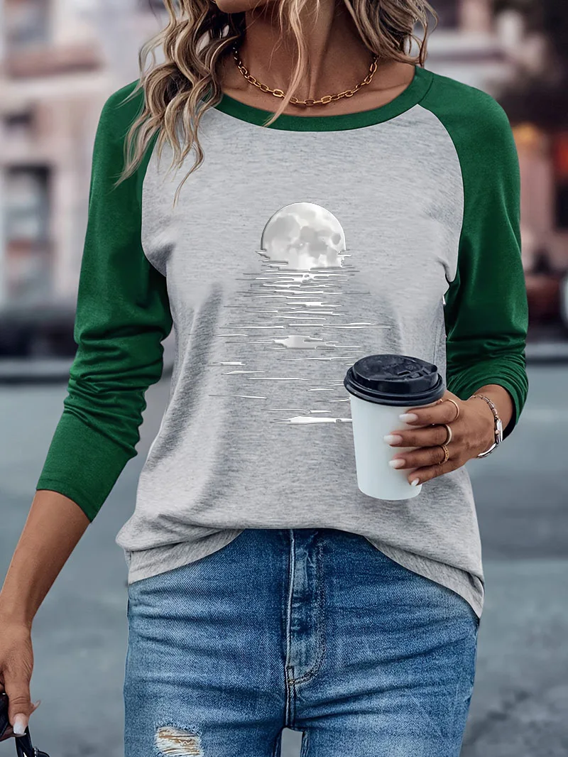 Gothic Casual Langarm-T-Shirt Retro Vintage Mond-Print Grafik O-Ausschnitt Loses T-Shirt Damen Winter Herbst Kleidung – Detail 4