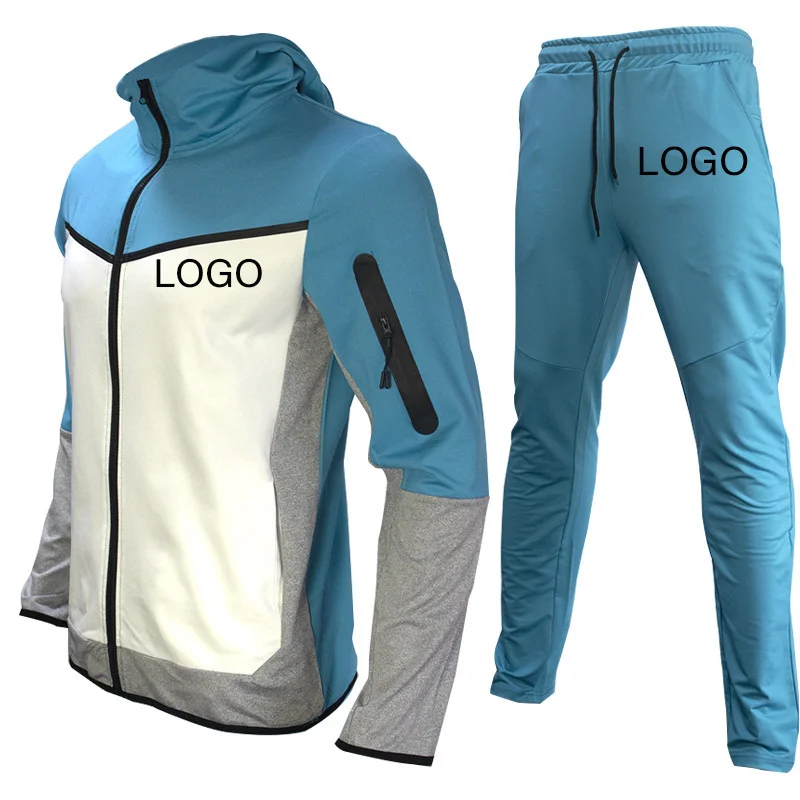 Bearbeiten Sie Ihr Logo Herren Trainings anzug 2 Stück Sport Set Joggen und Hoodies Langarm Mantel Reiß verschluss Patchwork Kleidung