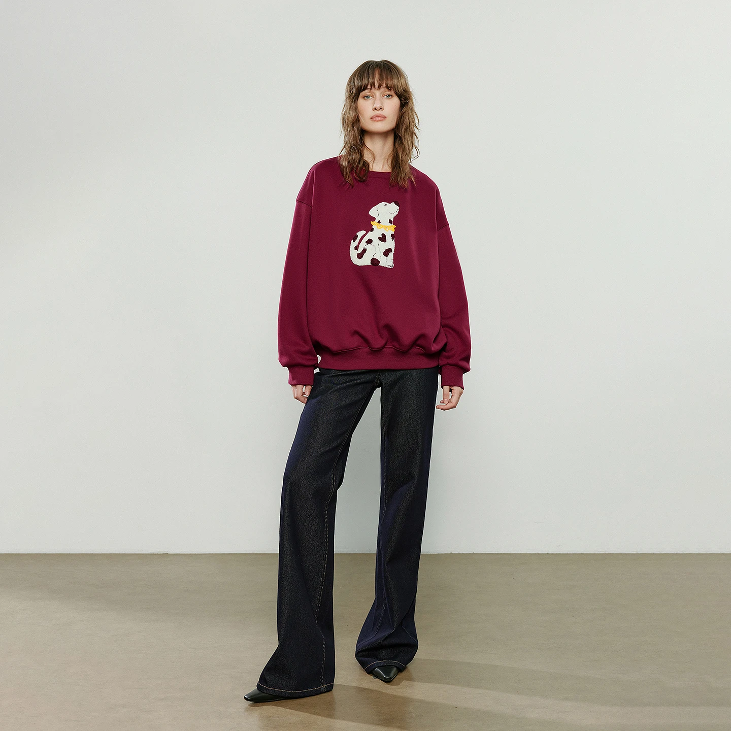 TOYOUTH Women Hoodies 2025 Winter New Crew-neck Loose Heavy-duty Puppy Applique Embroidery Age-reducing Fleece-Lined Warm Tops