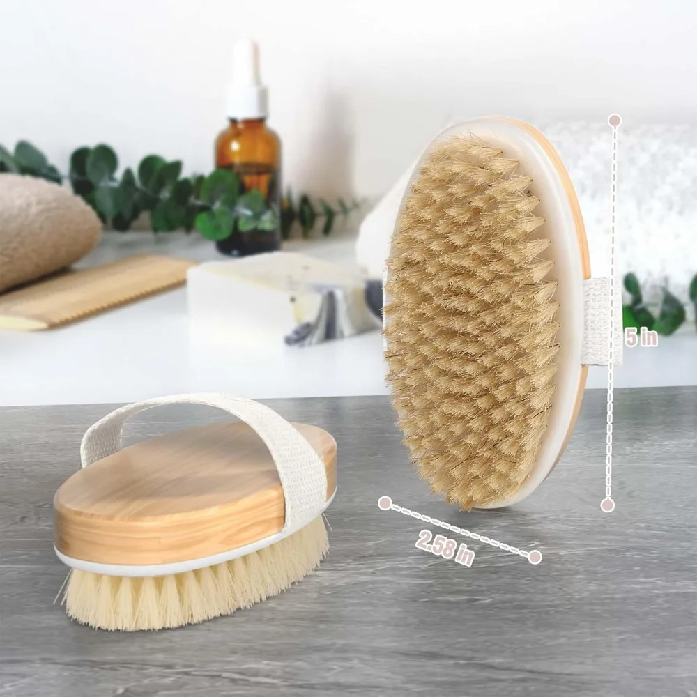 2 Pack Dry Brining Body Brush with Natural Soft Bristles for Exfoliating and Cleansing Shower Brush Set Lymphatic Drainage Massage Improve Blood Circulation Skin Care Bath Brush Body Scrubber Exfoliator for Women Men