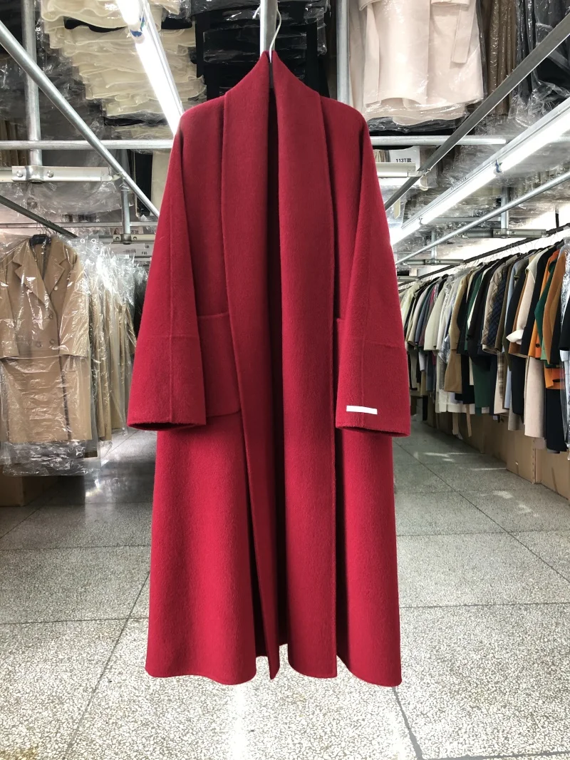 Cappotto in cashmere double face stile accappatoio con colletto grande per donna Autunno Inverno Cappotti lunghi di lana belli Cappotto di lana semplice allentato