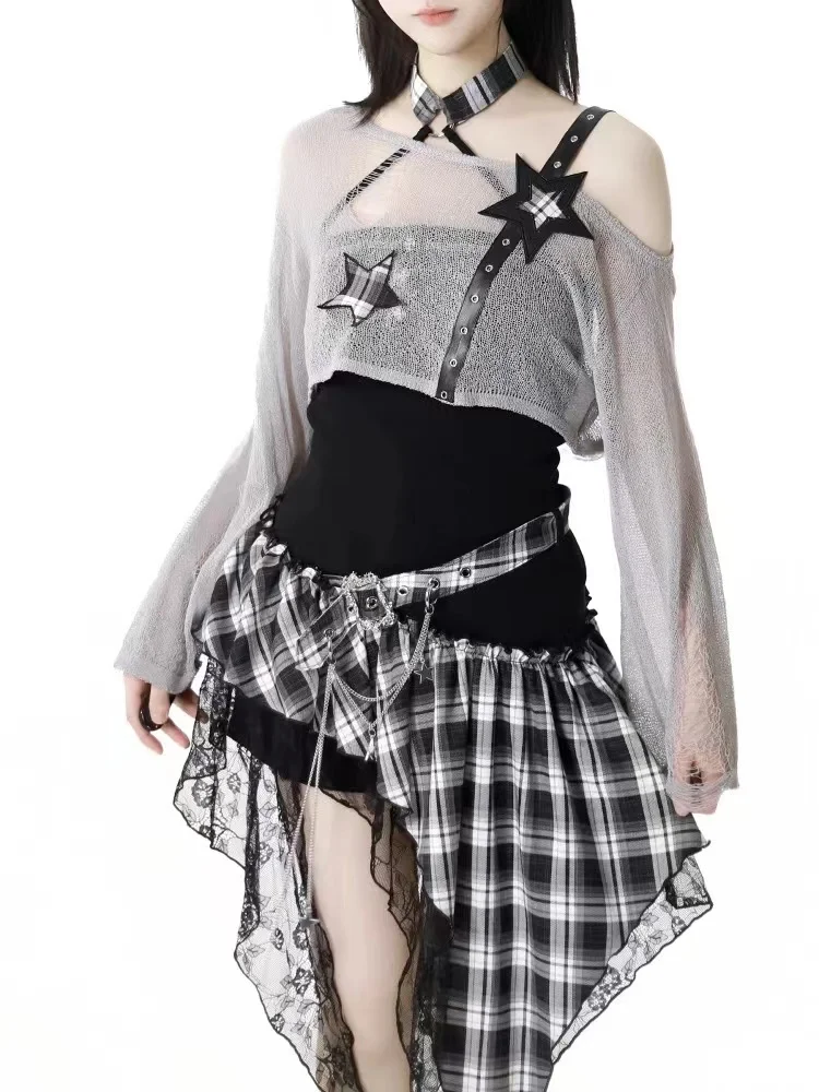 Sommer Amerikanischen Retro Gothic 2-teiliges Set Frauen Y2k Schwarz Dünne Kurze Tops + Y2k Harajuku Design Unregelmäßige Kleid Heiße mädchen Kleidung