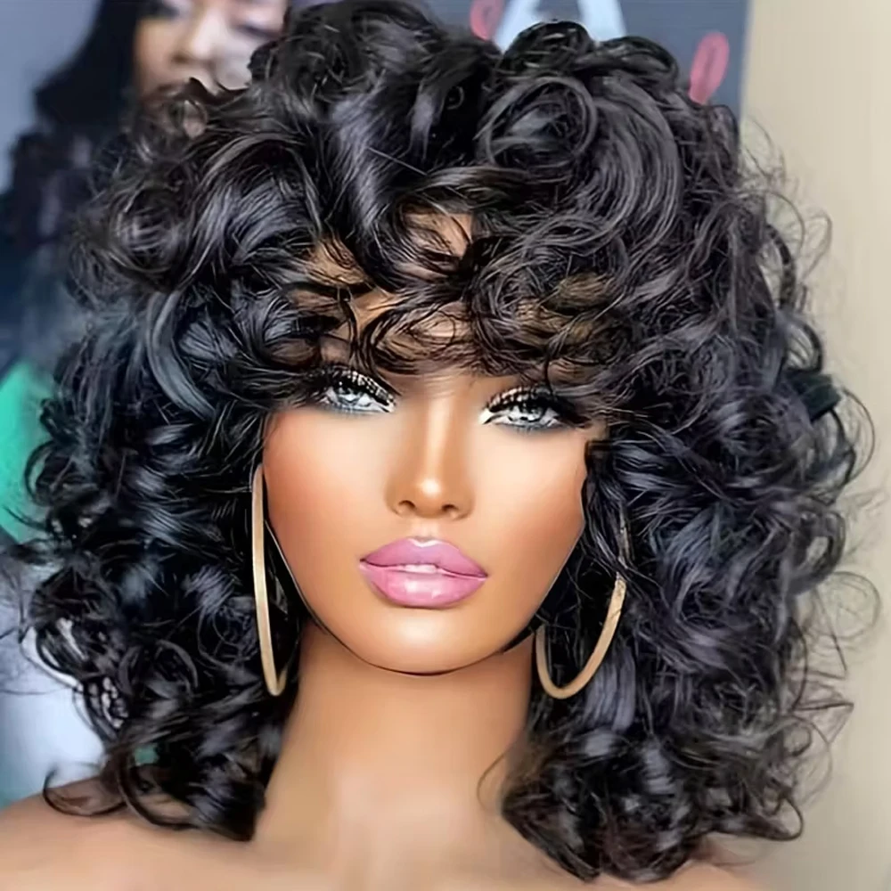 

Funmi Curly Полностью машинное производство Короткий парик Боб с челкой Бесклеевые готовые к ношению Свободные вьетнамские синтетические парики для женщин