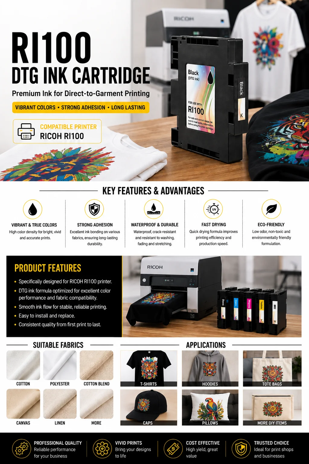 Compatible DTG Textile Ink Cartridge For Ricoh RI100 Printer, With One‑Time Use Chip, Garment T‑shirt Printing Consumables