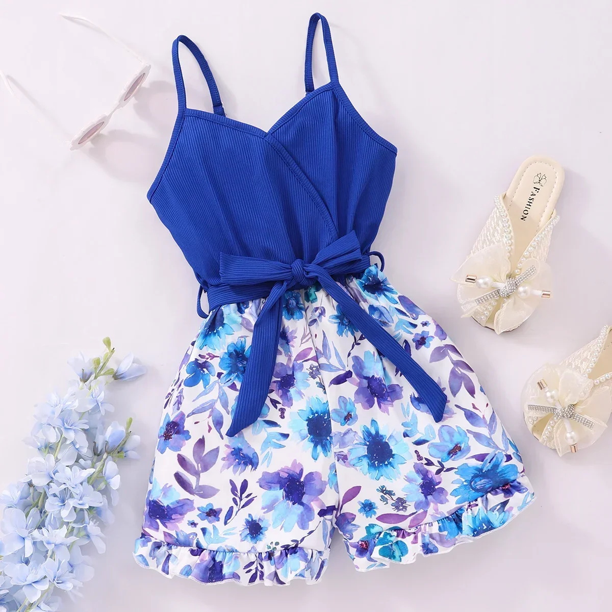 KIds Girl jumpsuit decor ruffle bow girl short sleeve rompers playsuit girl clothes soft cotton overalls kids summer beach view 3