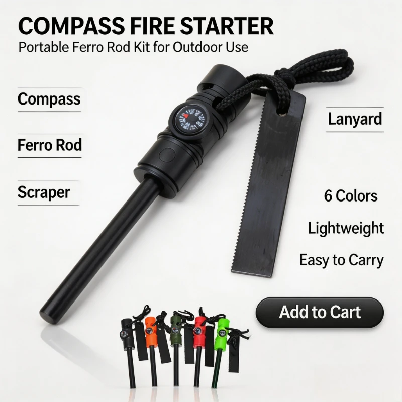 Portable Outdoor Survival Fire Starter, Practical Waterproof Compass‑Equipped Fire‑Starting Stick, Complete with Magnesium