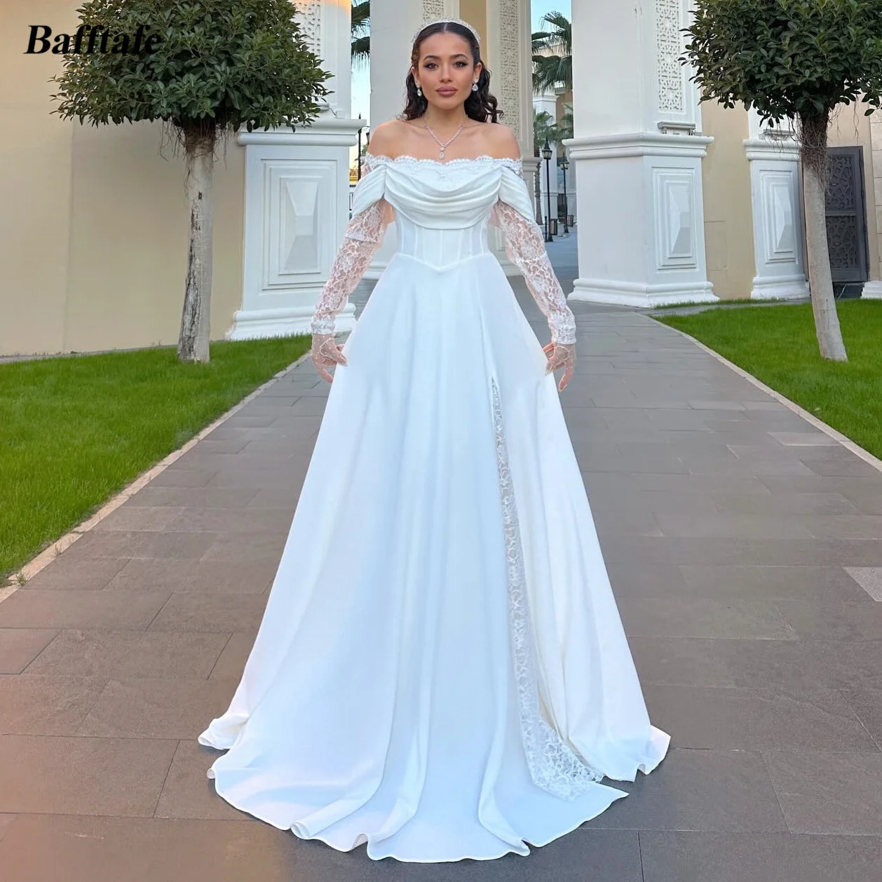 바프타페 맞춤형 새틴 레이스 웨딩드레스 아랍 스타일 긴 소매 신부 드레스 코르셋 백 포멀 파티 신부 촬영 드레스