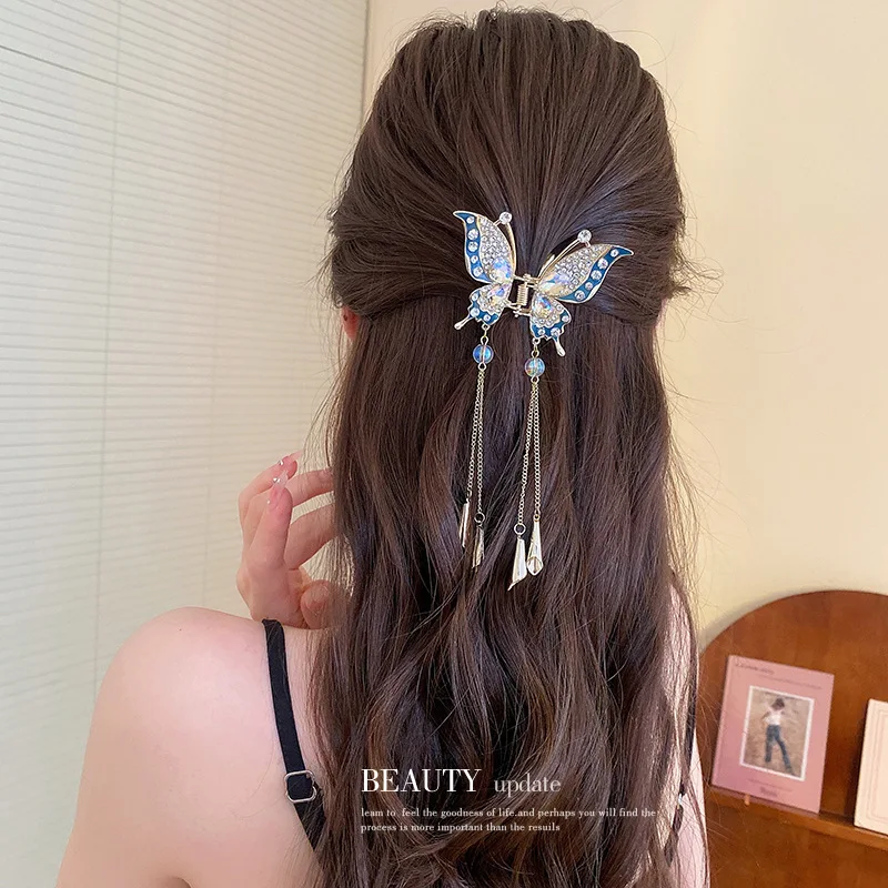 

Заколка для волос с кисточкой, кристаллами и стразами, золотая нескользящая шпилька-бабочка с когтями, винтажная геометрическая полая модная ювелирная аксессуара
