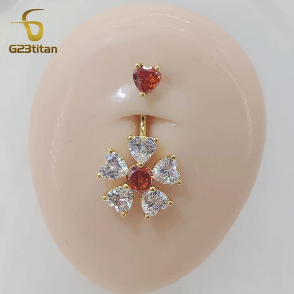 G23titan Red Zircon Flower Belly Button Ring 14G Surgical Titanium or Steel Barbell Bar Piercing Women Accessories Navel Jewelry
