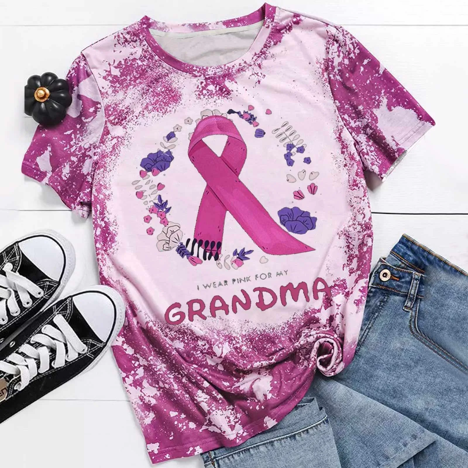 Womens Breast Cancer Prevention Awareness Tie Dye Pink Ribbon Printed T Shirt Casual Round Neck Loose Short Sleeve Clothes Tops