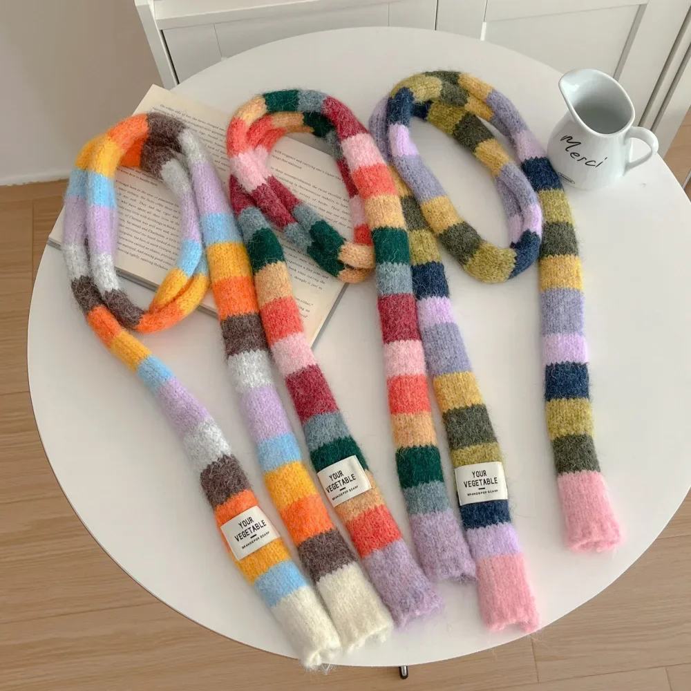

Осень-зима женский вязаный шарф 2025 модные шерстяные теплые глушители контрастные полосатые колбаса тонкие радужные шарфы женские