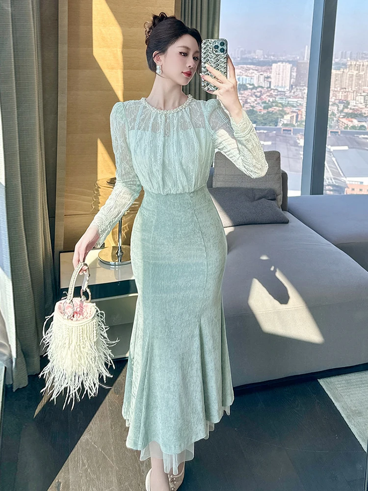 Falso 2 piezas de encaje transparente Sexy Maxi vestido de mujer elegante ocasión Formal vestido de noche fiesta delgada ropa de mujer Casual nueva llegada