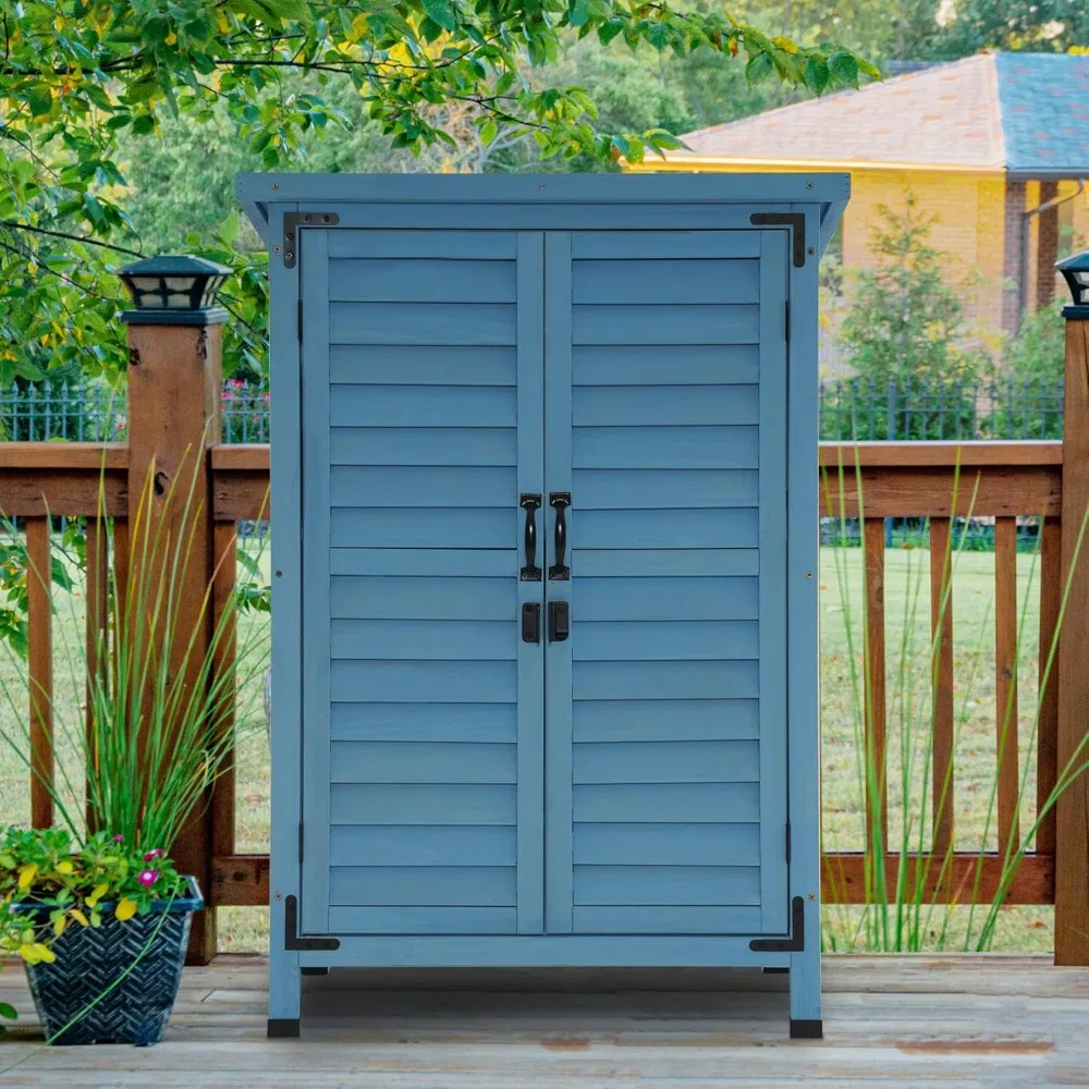 MCombo Outdoor Wood Storage Cabinet, Small Size Garden Wooden Tool Shed with Double Doors, Outside Tools Cabinet for Backyard