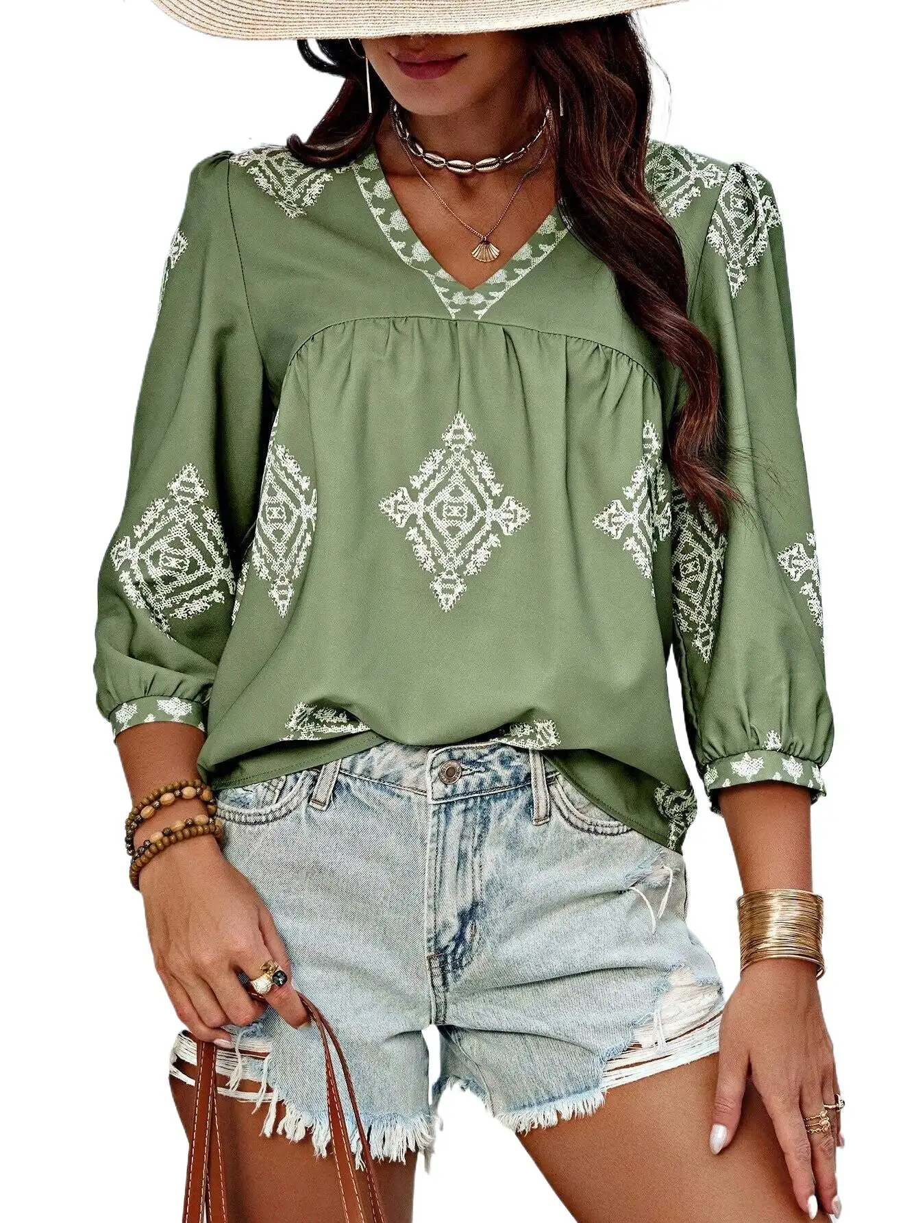 

Women's Boho White Blouses New Summer Fashion Printed Three-quarter Sleeve V-neck Loose Tops Women Shirts Casual Pullover New