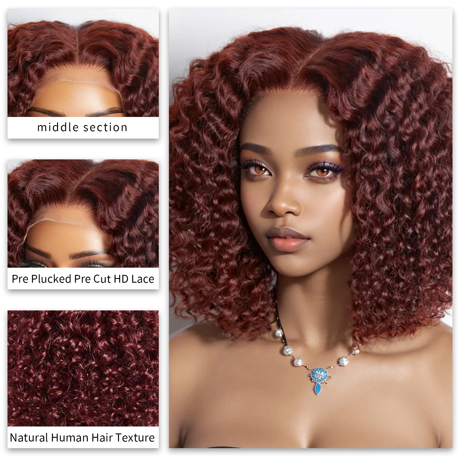 Reddish Brown Curly Bob Wigs Human Hair Red Bob Wig T Part Lace Water Wave Curly Lace Front Wig Pre Plucked Pre Cut Lace