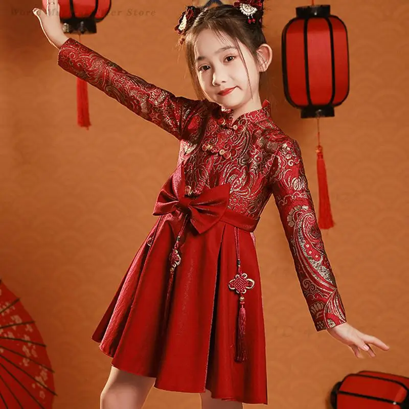 

Детское китайское платье-ципао в стиле «Китайский шик» для девочек, традиционный китайский костюм Тан, сценический наряд, красное детское ципао