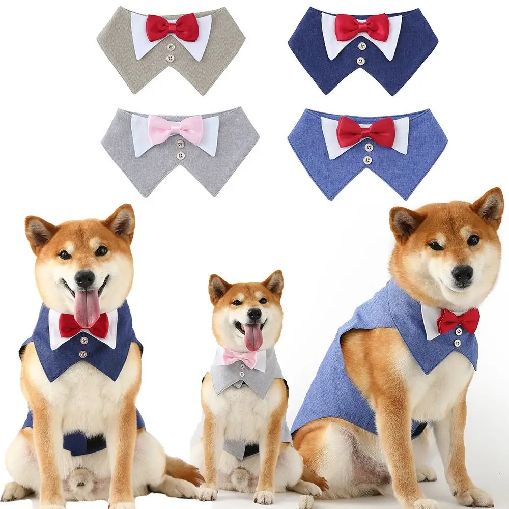 Durable Linen Pet Swallowtail Four-Color Adjustable Dog Clothes with Bow Tie Pet Shirt for Small Dogs