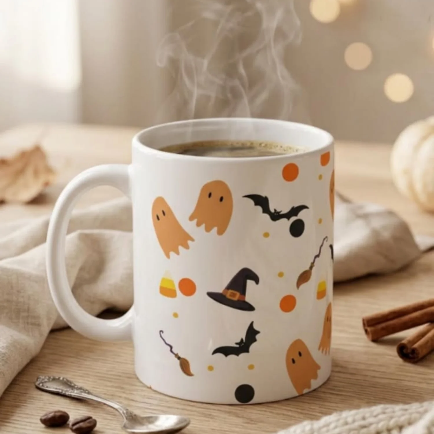 11oz Single Trick-or-Treat Ghost Halloween Mug _ Candy Corn Witch Hat Bat