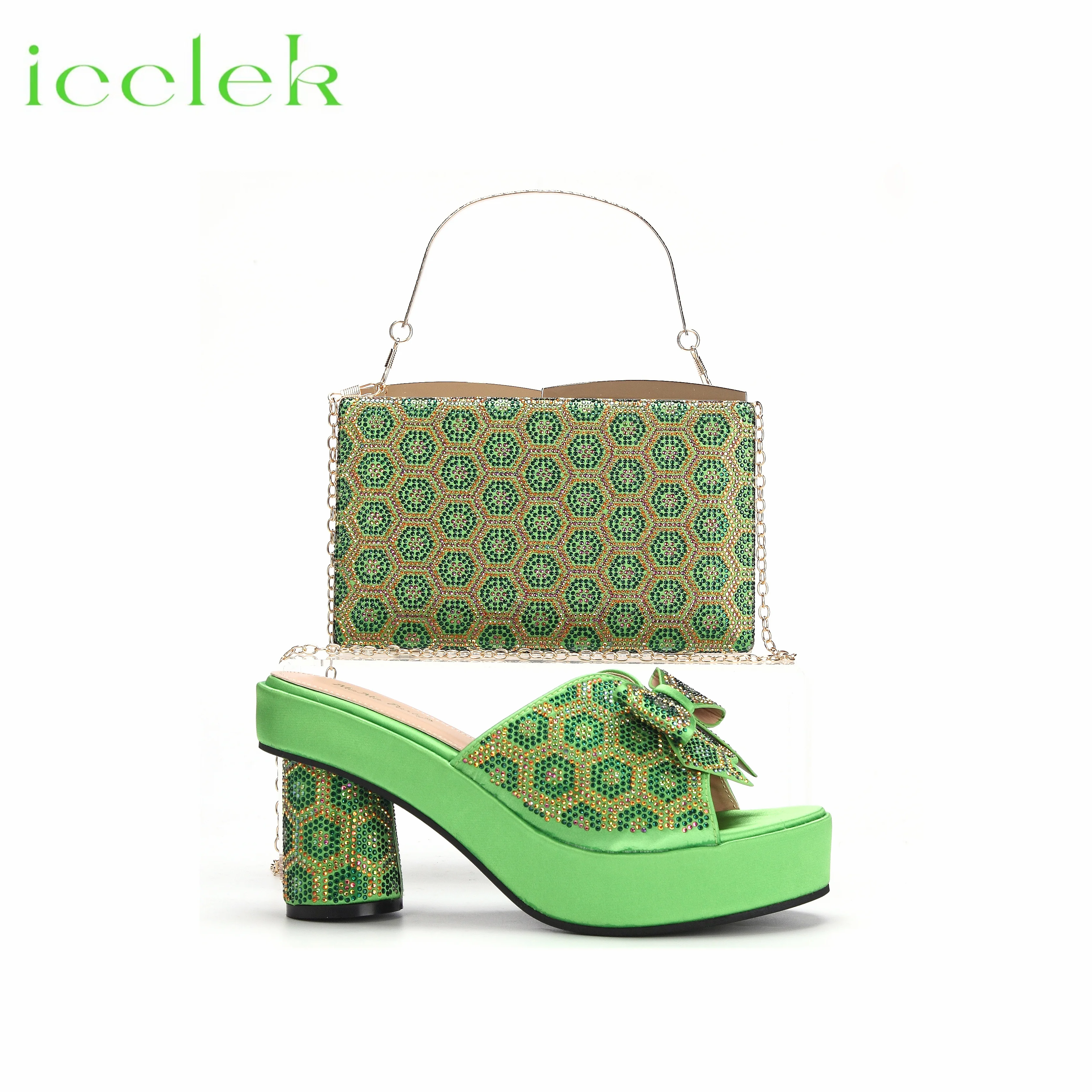 Latest Comfortable Heels Ladies Slipper Full of Rhinestones Design Shoes Matching Bag Set in Gree Color For Party