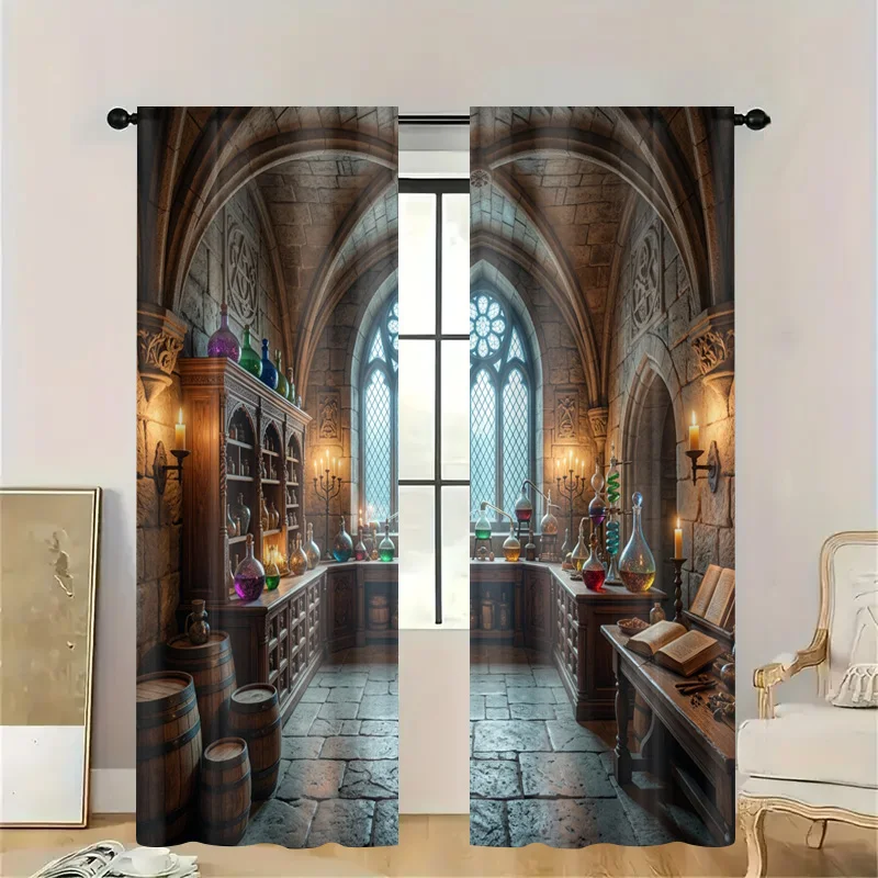 Gothic Cathedral Window Curtains Fantasy Medieval Stone Arch Interior Design Drape Romanesque Library Vintage Home Decor Filtere