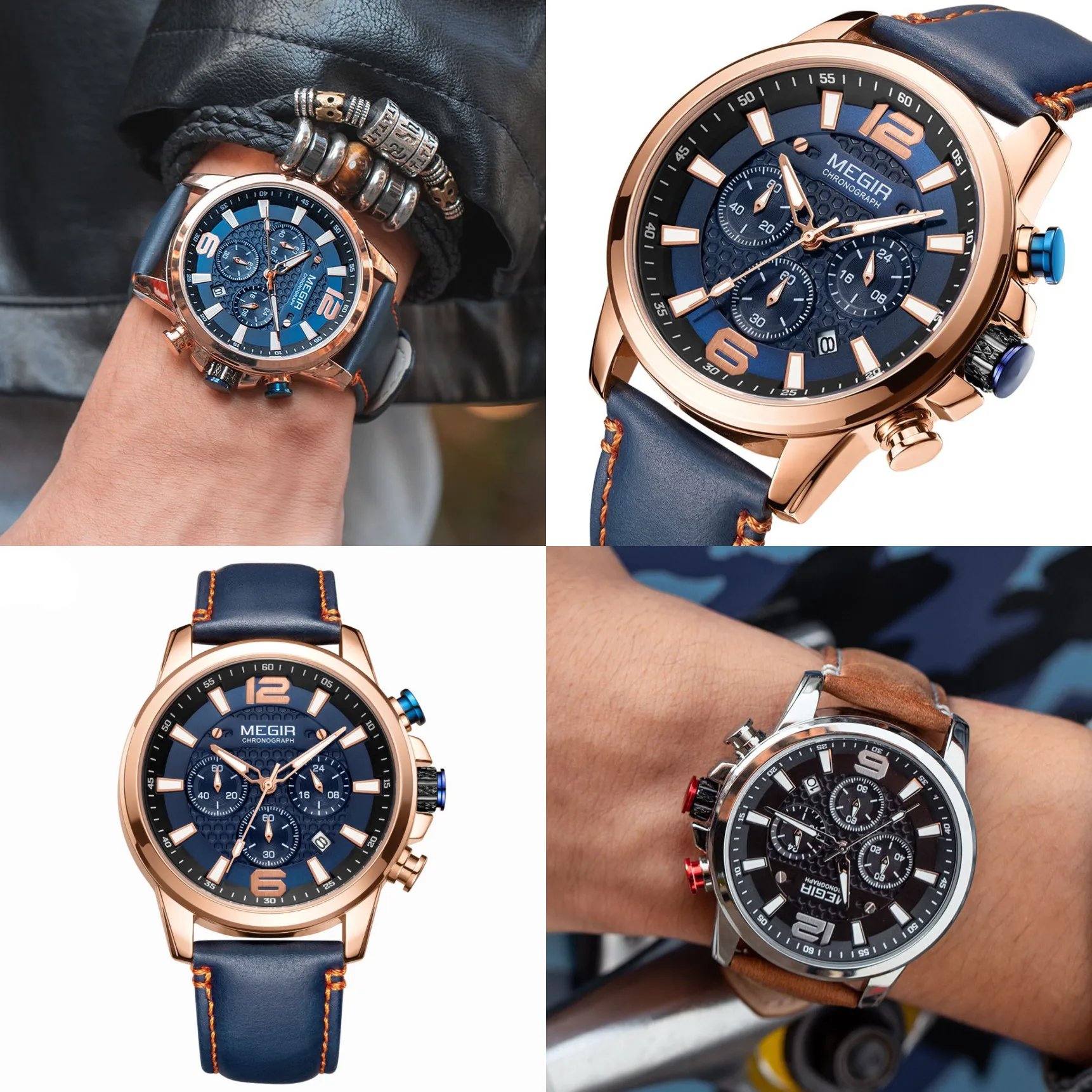 MEGIR Casual Watches Men Luxury Brand Military Sport Watch Leather Wristwatch Luminous Quartz Chronograph Calendar Clock 2156