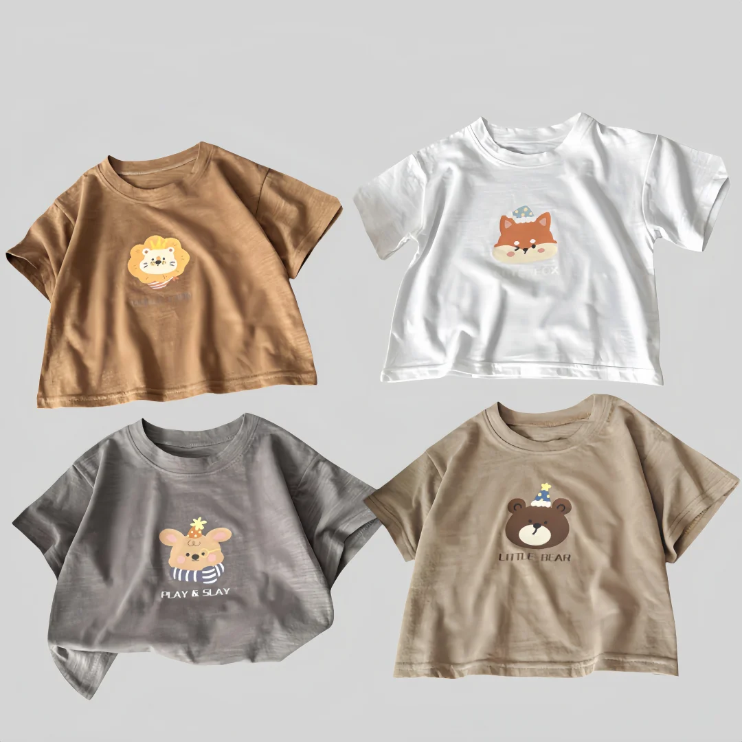 Cotton Boys T-shirt Summer New Kids Clothing Cute Solid Color Cartoon Print Children Tops for Toddler Boys 2-6Y