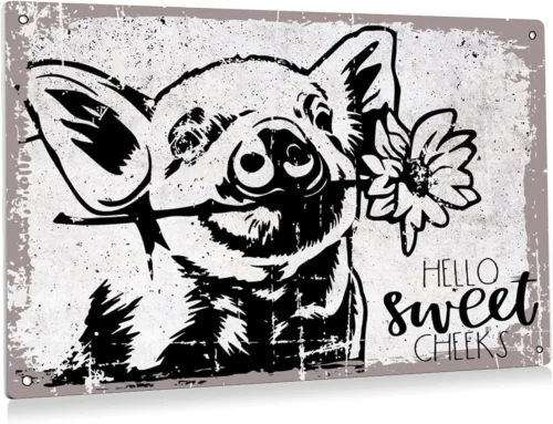 Funny Hello Sweet Cheeks Pig Flower Bathroom Metal Tin Sign Wall Decor Vintage B sign