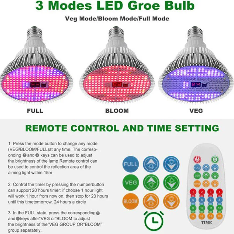 Full Spectrum 280 Led Plant Grow Light Bulbs  vegs  timing Dimmable  Timer Remote Control for Greenhouse grow box a2