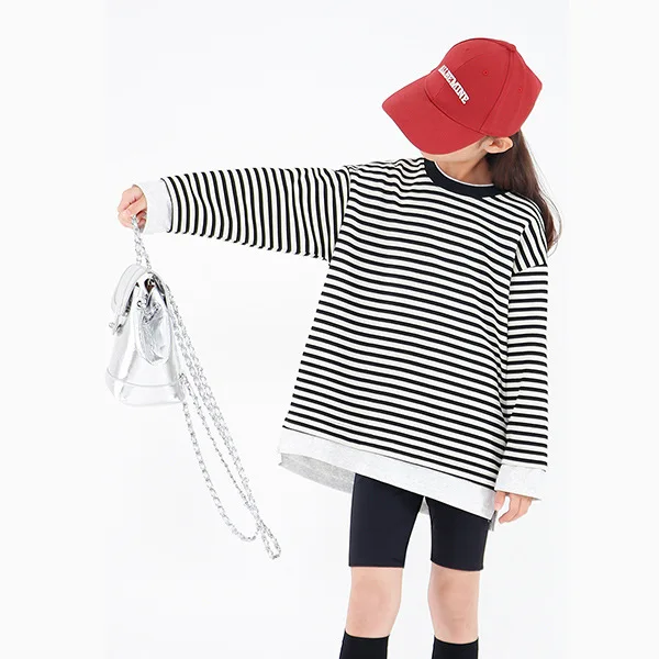 ملابس الفتيات لخريف وشتاء 2025 مع قلنسوة مخططة بأكمام طويلة تي شيرت فستان مراهق للأطفال فضفاض 4 6 7 8 9 10 11 12 سنة