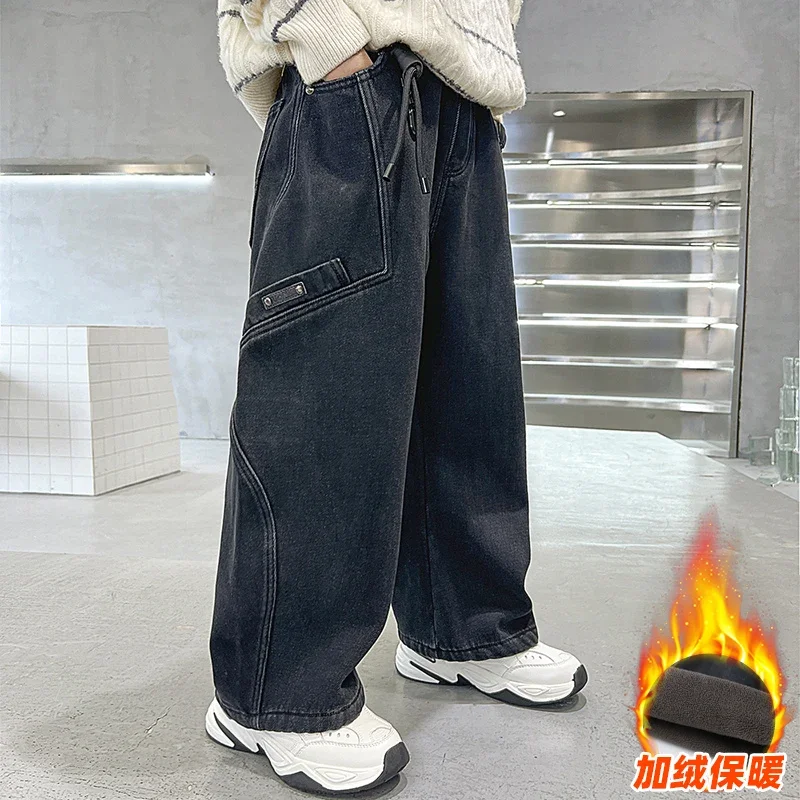 بنطلون NewBoys مبطن بالصوف لخريف وشتاء 2025 جينز سميك جديد للأطفال 4-15 سنة #1