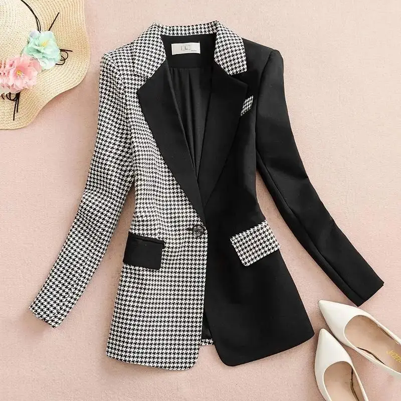 Fashion Lapel Button Spliced Houndstooth Blazer Women\'s Clothing 2023 Autumn Winter Loose Korean Tops Asymmetrical Blazers