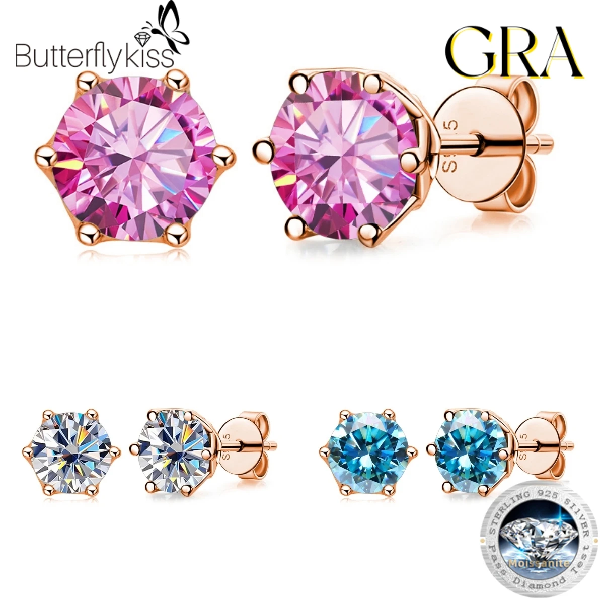 Butterflykiss-pendientes de moissanita de 5/6,5mm para mujer, pareja de plata de ley S925 chapada en oro rosa, regalos de joyería para oreja de boda