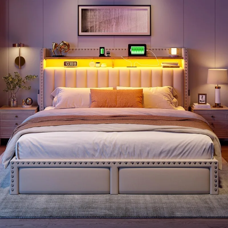 إطار سرير كوين مع درجين للتخزين، وسرير بمنصة منجدة مع أضواء LED ومحطة شحن، وسلا خشبية قوية